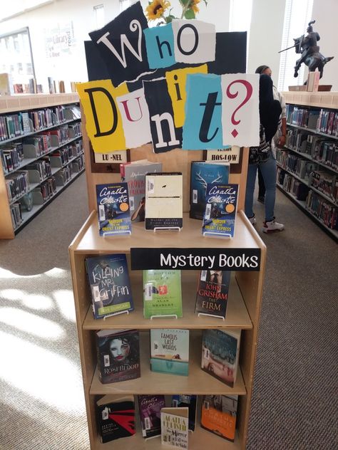 Mystery Book Display Library, Library Genre Signage, Library Social Media Posts, Secondary School Library Displays, Library Set Up Ideas, High School Library Decorating Ideas, Library Genre Displays, Library Displays Public, Classroom Library Set Up