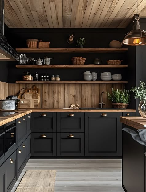 Black And Wooden Kitchen, Black And Wood Kitchen, Butcher Block Countertops Kitchen, Classic White Kitchen, Industrial Kitchen Design, Loft Kitchen, Deco Studio, Black Kitchen Cabinets, Rustic Kitchen Design