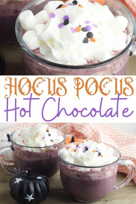 This Hocus Pocus Hot Chocolate is perfect for the Halloween season! Whether you're watching the sequel for the first time or rewatching the original, this seasonal treat will help you get into the Halloween Spirit! Hocus Pocus Hot Cocoa, Hocus Pocus Hot Chocolate, Best Hot Chocolate Recipes, Hocus Pocus 2, Fall Baking Recipes, Movie Night Snacks, Seasonal Treats, Hot Coco, Halloween Movie