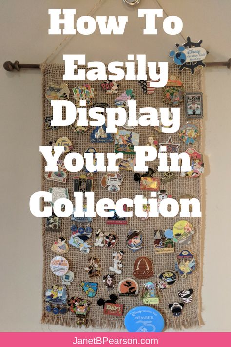 How to easily display your pin collection.  Easy DIY project.  Display your pins as artwork.  Perfect for collectors.  Pin Display. #Pin #PinDisplay #DIY https://janetbpearson.com Pin Collection Displays, Disney Pin Display, Brooch Display, Pins Badge Display, Collection Board, Enamel Pin Display, Pin Display, Wet Felting Projects, Disney Vacation Club