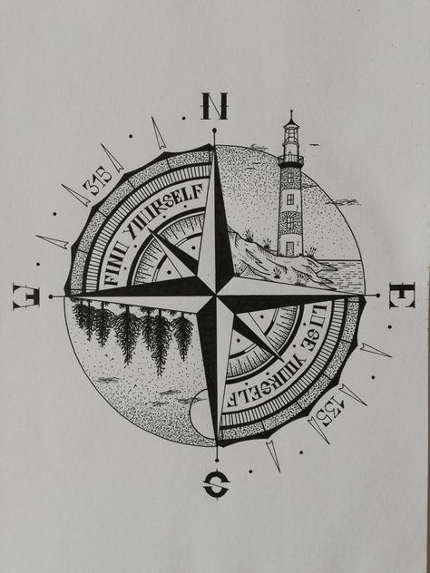 Compass Elements Tattoo, Nautical Rose Tattoo, Lighthouse And Compass Tattoo, Lighthouse Compass Tattoo, Cool Compass Tattoos, Compass Tattoo With Quote, Nautical Compass Tattoo Men, Ocean Compass Tattoo, Compass Art Design