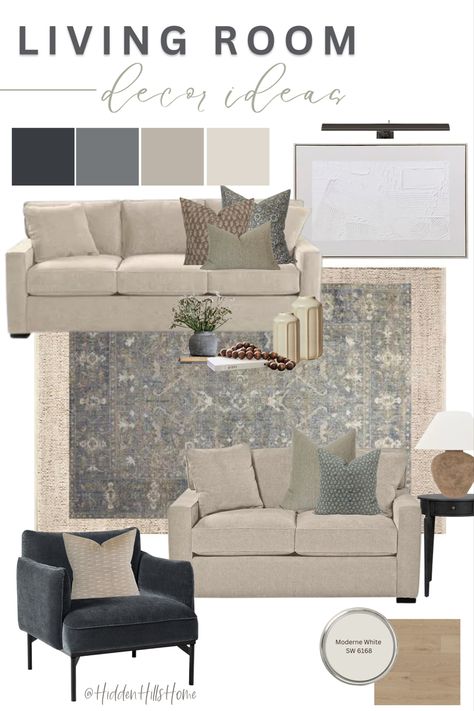 Living room decor mood board with cream and muted blue tones throughout. This living room features cream sofas and light blue accent chair Radley Sofa Heavenly Chrome Beige, Living Room Sofa Wall Decor, Palliser Furniture Living Rooms, Havertys Living Room, Ashley Living Room Furniture, Radley Sofa, Blue And Cream Living Room, Beige Couch Living Room, Beige Sofa Living Room