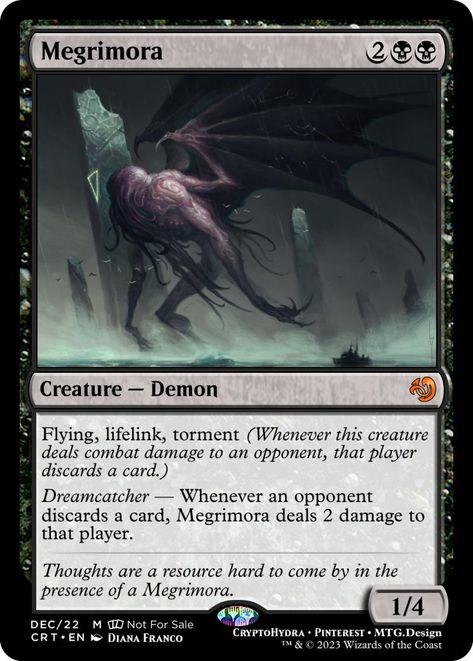 Megrimora — Creature — Demon — Torment — Dreamcatcher — Magic: the Gathering — MtG — Concept Card Black Deck, Magic The Gathering Cards, Magic Cards, Yugioh Cards, Wizards Of The Coast, Black Magic, Creature Design, Magic The Gathering, The Gathering