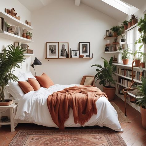 Terracotta White Bedroom, Terracotta Accent Bedroom, White And Rust Bedroom Ideas, Rust And Green Bedroom, Green And Terracotta Bedroom, Rust Accents, Earthy Terracotta, Forest Bedroom, Terracotta Floors