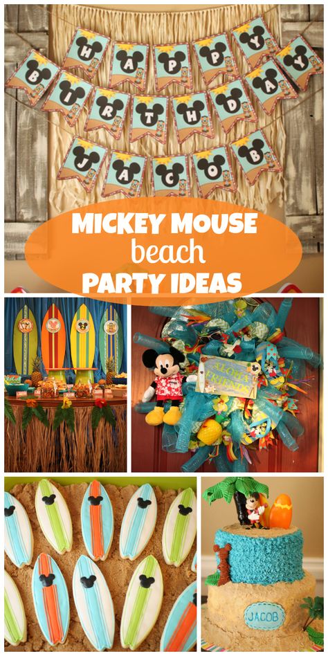 Disney Beach Party, Mickey Mouse Luau Birthday Party, Summer Mickey Mouse Party, Mickey Beach Party Birthday, Mickey Mouse Summer Birthday Party, Mickey Mouse Beach Theme Party, Mickey Summer Birthday, Surfboard Cookies, Beach Party Ideas