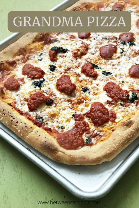 IF PIZZA IS ON YOUR MENU, MAKE IT A GRANDMA PIZZA #recipe #kosher #pizza #dairy #dinner Grandma Pizza, Pizza Store, Thick Crust Pizza, Ny Style Pizza, Pizza Menu, Pesto Pizza, How To Make Pesto, Kosher Recipes, Frozen Pizza