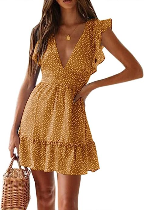 This cute floral dress is very fashion and suitable for every day! Perfect for daily wear, casual wear, dating, school, home, work, going out, party, club, beach, summer vacation, cocktail, vacation, or street Polka Dot Summer Dresses, Cute Floral Dresses, Ditsy Floral Dress, Flowy Mini Dress, Dress Flowy, Mini Dress Fashion, Comfy Dresses, Smocked Dress, Flutter Sleeve Dress