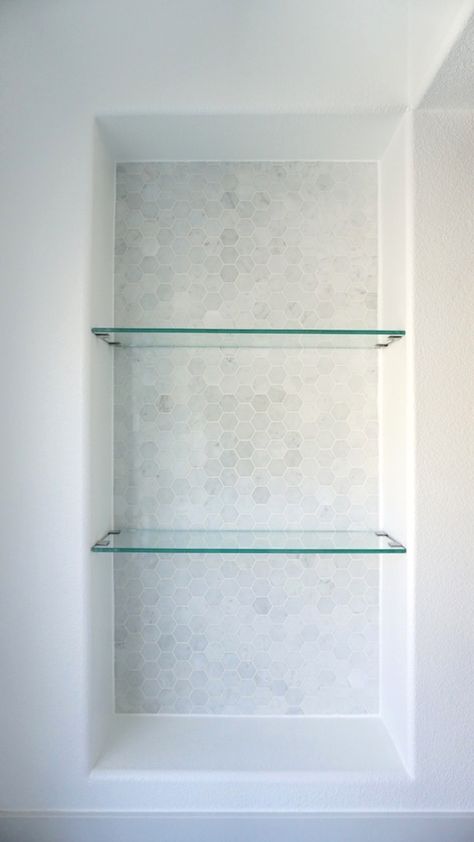 Decorating Dorm, Glass Shelves In Bathroom, Bathroom Niche, Glass Shelves Kitchen, Shelves Over Toilet, Bathroom Shelves Over Toilet, Bathroom Shelf Decor, Shower Niche, Room Shelves