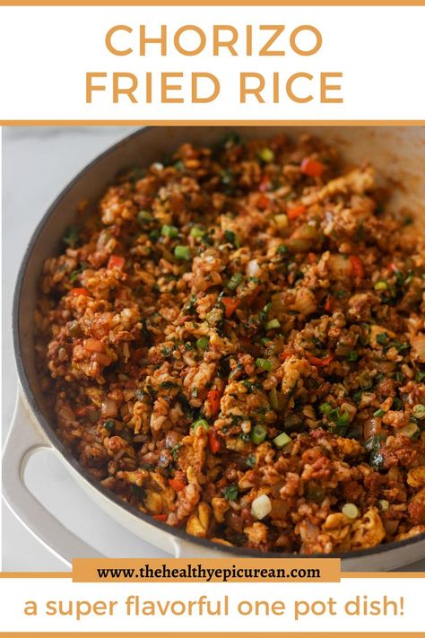 A side shot of a pot of chorizo fried rice. Rice With Bell Peppers, Chorizo Recipes Dinner, Mexican Fried Rice, Chorizo Rice, Breakfast Fried Rice, Chorizo And Eggs, Cilantro Rice, Chorizo Recipes, Fluffy Rice