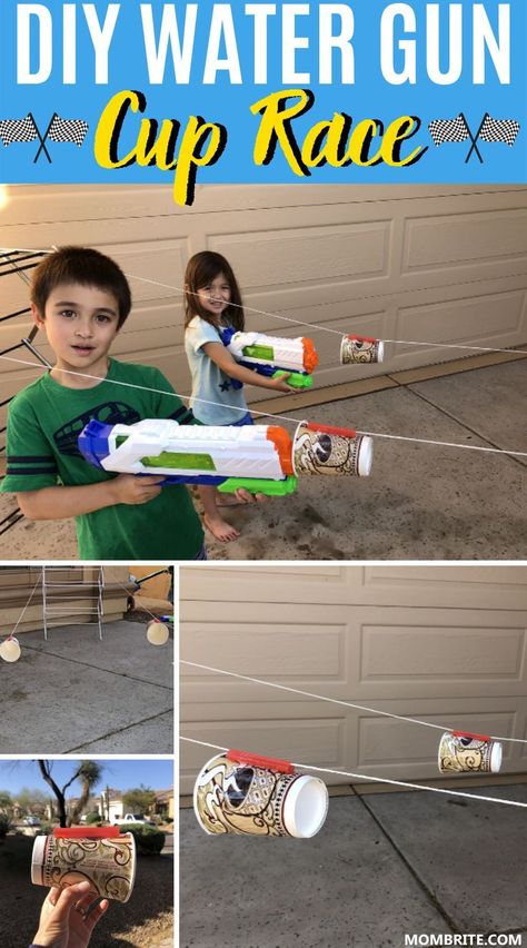 Want to enjoy a fun "outdoor" race in your garage with your little ones? Host a DIY water gun cup race using just paper cups and water guns! This fun water fun cup race is perfect for parties or play dates because it’s easy to set up and kids just love shooting water guns. A great indoor boredom buster that is also inexpensive for summer!  #BoredomBustersForKids #DIYWaterGunCupRace #FunActivitiesAtHomeWithKids Boredom Busters For Kids, Summer Camp Activities, Water Games For Kids, Fun Outdoor Games, Outdoor Games For Kids, Family Fun Games, Water Games, Water Party, Diy Water