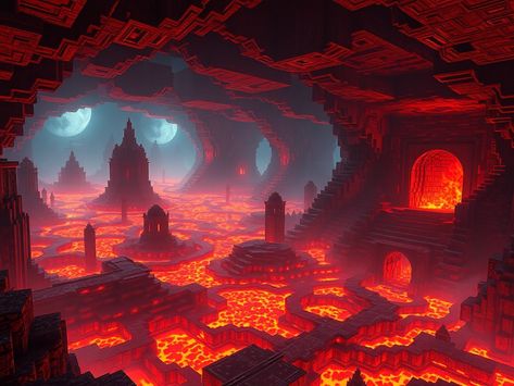 Lava Pit Minecraft, Minecraft Horror Ideas, Minecraft Lava Fountain, Minecraft Lava Builds, Minecraft Cave Ideas, Minecraft Horror, Anime Creatures, Minecraft Anime, Minecraft Construction