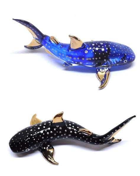 PRICES MAY VARY. Handmade Set 2 Mini Glass Whale Shark Blown Glass Art Ocean Animal Figurines Figures - Model Y2022 The 3 inches Whale Shark figure was designed in an stylish and adorable action. First Whale Shark has been painted in "Black" style which is consist of black color on the body, contrast with the white dot. Second Whale Shark has been painted in "Blue" Style which is consist of blue color on the body contrast with the white dot, also both whale shark was painted the gold trim at fin Tiny Glass Animals, Glass Shark, Shark Decor, Tiny Animals, Adopt Idea, Blown Glass Art, Body Figure, Art Ocean, Sea Animal