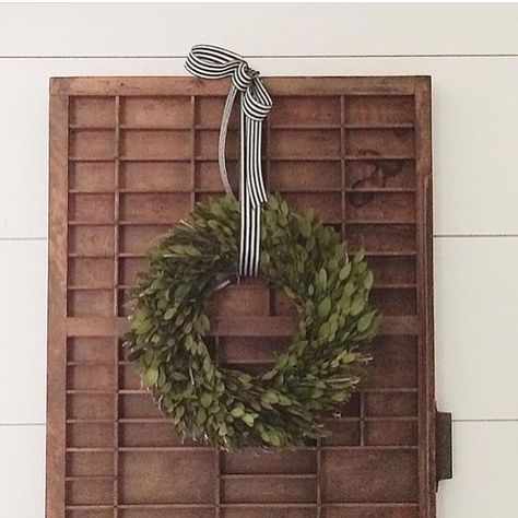 Our Vintage Printers Tray looks so pretty layered with a lovely boxwood wreath! (They're currently on sale - link in profile) : Kristi @makingitinthemountains #oneroomchallenge #diyblogger #onetofollow #farmhousecharm #printerstray #farmhousecharm #VFFcustomers Hallway Shelves, Style Hallway, Drawer Ideas, Letterpress Drawer, Hallway Makeover, New Farmhouse, Primitive Bathrooms, Printers Drawer, French Country Bathroom