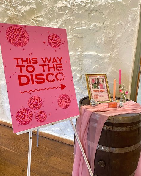 THIS WAY TO THE DISCO ➡️ My first (and most iconic) wedding sign! She went viral on @pinterest and got featured in their Groovy Nuptials trend predictions! 🪩 In glorious pink & red, she is eternally cool 🎀💋 To The Disco, 12th July, Disco Wedding, More Friends, Iconic Weddings, Open Day, Table Plan, Opening Day, Sign Templates