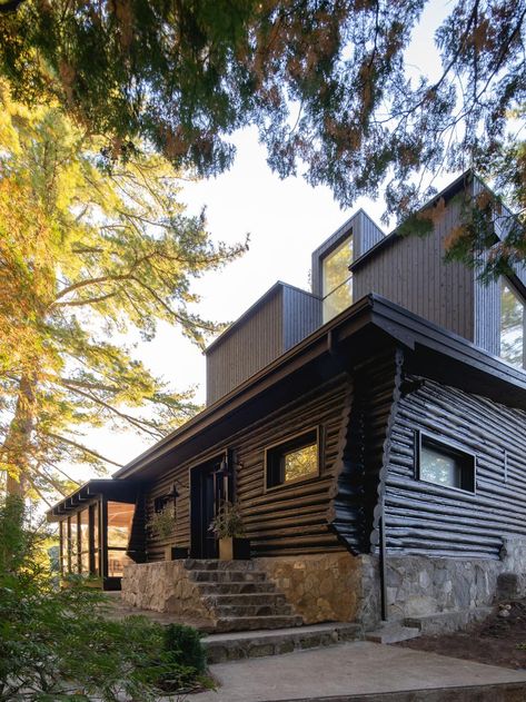 Canadian Architecture, Small Sitting Rooms, Stone Foundation, Contemporary Remodel, Wood Stair Treads, Stone Fireplace Surround, Contemporary Cabin, Small Log Cabin, Rustic Log Cabin