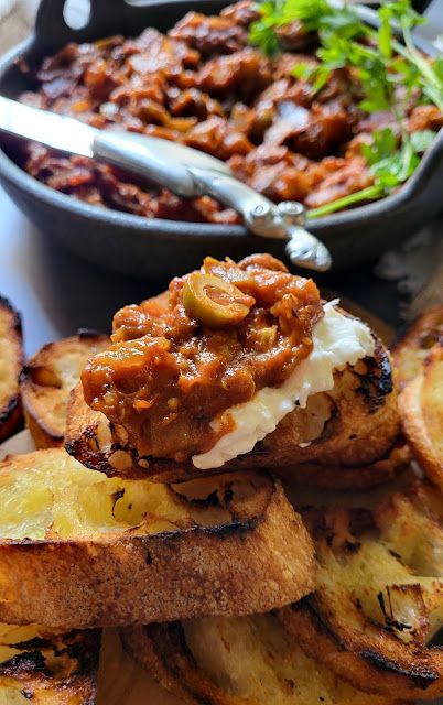 salted sugared spiced™: Eggplant Caponata Bruschetta Caponata Recipe Eggplant, Beef Wellington Bites, Caponata Recipe, Recipe Eggplant, Eggplant Caponata, Spanish Olives, List Of Vegetables, Boursin Cheese, Burrata Cheese