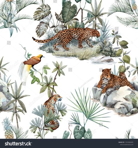 Watercolor tropical pattern with a leopard animal, a wild leopardle walking through the jungle, a leopard with a cub lying on the beds. Birds of Paradise on the tree. Palm tree and Monsterra plant. #Ad , #Sponsored, #leopardle#wild#jungle#walking Modern Peel And Stick Wallpaper, Leopard Walking, Tiger Nursery, Kindergarten Kid, Animal Shower Curtain, Graphic Design Portfolio Cover, Watercolor Tropical, Pet Tiger, Kids Room Wall Decor