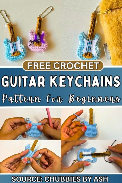 How to Crochet Guitar Keychain For Kids Crochet Guitar Pick Holder, Crochet Guitar Strap Pattern Free, Crochet Guitar Keychain, Crochet Guitar Pattern Free, Guitar Keychain, Crochet Guitar Strap, Guitar Crochet, Crochet Guitar, Easy Crochet Keychain