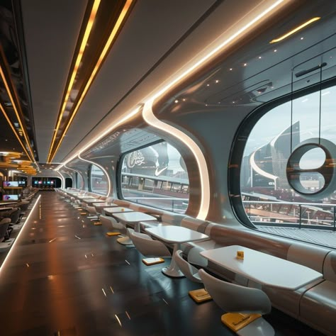 Futuristic Cafe Design, Futuristic Cafeteria, Futuristic Warehouse, Futuristic Restaurant Design, Futuristic Cafe, Retro Futurism Interior, Futuristic Restaurant, Futuristic Transport, Fastfood Restaurant