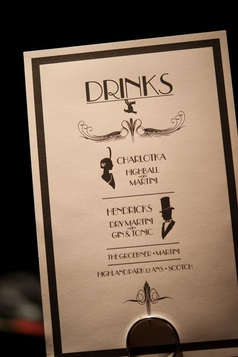 Fabulous art deco drinks menu. I WOULD LOVE THIS PARTY! I'll take a Hendricks martini, thank you. Photo by davina + daniel. - Art Deco Drinks Menu || Dorota + Fred Hollywood Inspired Wedding, Old Hollywood Party, Great Gatsby Theme, Old Hollywood Wedding, Deco Boho, Gatsby Theme, Great Gatsby Wedding, Hollywood Theme, Hollywood Wedding