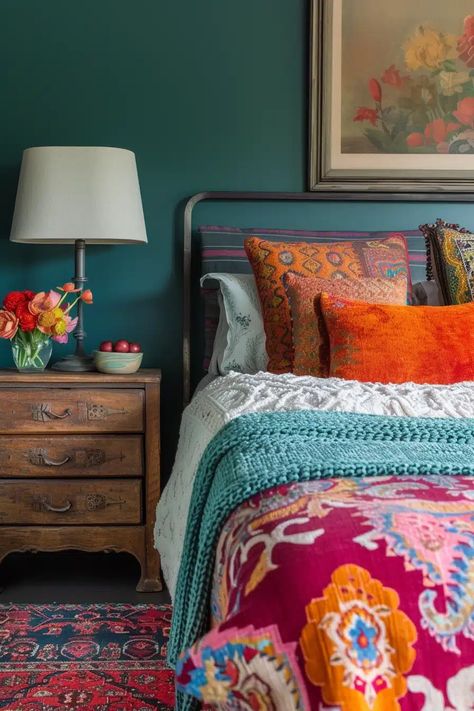 25 Eclectic-Style Bedroom Ideas for a Unique and Personalized Space - Roomy Retreat Pop Of Color Guest Bedroom, Teal Color Schemes Bedroom, Classic Eclectic Bedroom, Teal Bedding Ideas Color Combos, Eclectic Master Bedrooms Decor, Bedroom Inspirations Colorful, Colourful Bedroom Ideas, Eclectic Maximalism Bedroom, Small Primary Bedroom