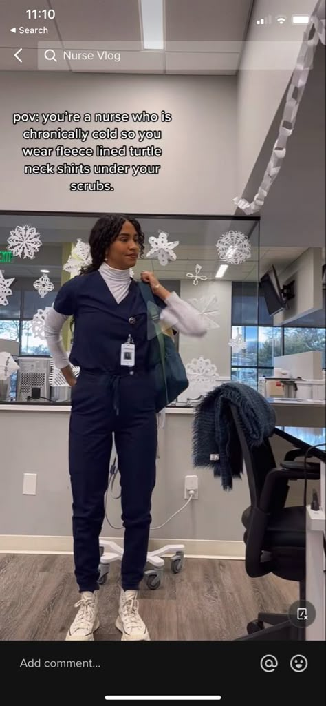 Turtleneck Under Scrubs, Night Shift Nurse Aesthetic, Cna Outfits Scrubs, Cute Nurse Scrubs Outfits, Nurse Outfit Aesthetic, How To Style Scrubs, Figs Scrubs Outfit, Winter Scrubs Outfit, Scrubs Outfit Ideas