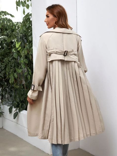 Solid Pleated Hem Slant Pocket Double Breasted Trench Coat | SHEIN USA Buy Coats, Online Delivery, Double Breasted Trench Coat, Feminine Dress, Trench Coats Women, Shein Style, Trench Coats, Outerwear Women, Fashion Online Shop