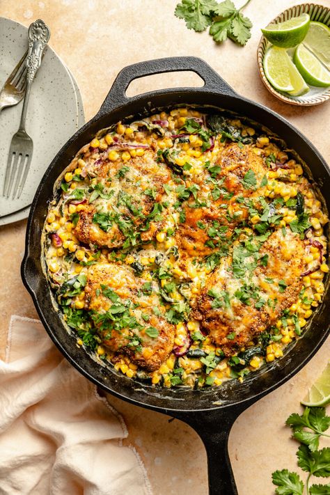 Summer Skillet Meals, Creamed Corn Chicken, Skillet Creamed Corn, The Defined Dish, Cream Cheese Corn, Defined Dish, Corn Chicken, Summer Foods, Cream Cheese Chicken