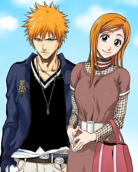 Bleach Official Art Ichigo, Ichihime Official Art, Ichigo X Orihime Manga, Bleach Outfits Manga, Bleach Fashion Manga, Ichigo Official Art, Ichigo Drip, Ichigo And Orihime Matching Icons, Orihime X Ichigo