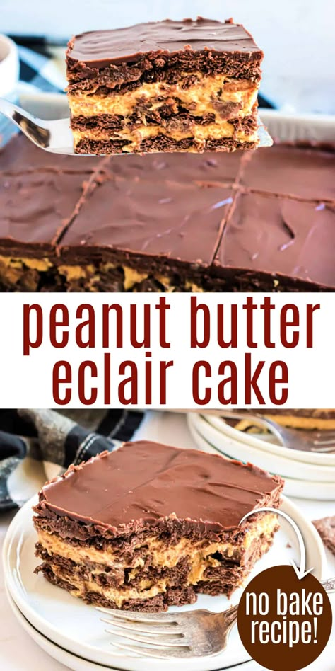 Too hot to turn on the oven? Make this No Bake Peanut Butter Eclair Cake. Layers of chocolate graham crackers with pudding, peanut butter cups, and ganache. No Bake Peanut Butter Icebox Cake, Peanut Butter Eclair Cake No Bake, No Bake Chocolate Peanut Butter Eclair Cake, Peanut Butter Graham Cracker Dessert, No Bake Peanut Butter Eclair Cake, No Bake Lemon Eclair Cake, Peanut Butter Eclair Cake, Peanut Butter Eclair, Indiana Recipes