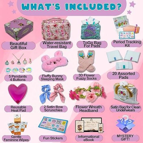 Amazon.com: First Period Kit for Girls 9-10-12 for School - Period Starter Kit for Tweens - Teen Period Kit - Period Bags for Teen Girls - First Period Gifts for Girls - Tween Girls Gift : Health & Household Period Starter Kit Diy Daughters, 1st Period Gift Basket, Period Kit For Daughter, First Period Gift Ideas, When Ur On Ur Period, Period Box Ideas, Teen Period Kit, Period Bags, Period Starter Kit