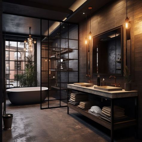 Dark Modern Industrial, Dark Modern Bathroom, Loft Bathroom Ideas, Modern Industrial Bathroom, Brick Bathroom, Industrial Style Home, Dark Modern, Minimalist Kitchen Design, Industrial Bathroom