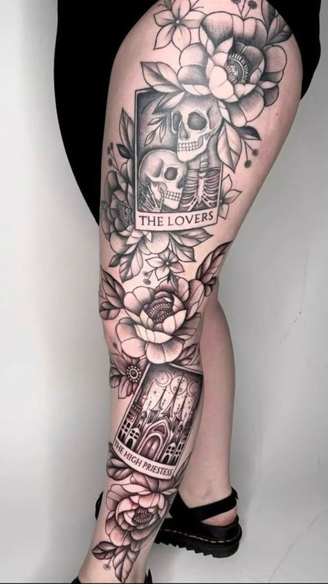 Dark Feminine Tattoos, Forearm Cover Up Tattoos, Maching Tattoos, Spine Tattoo Ideas, Tarot Tattoo, Full Leg Tattoos, Feminine Tattoo Sleeves, Skull Sleeve Tattoos, Floral Tattoo Sleeve