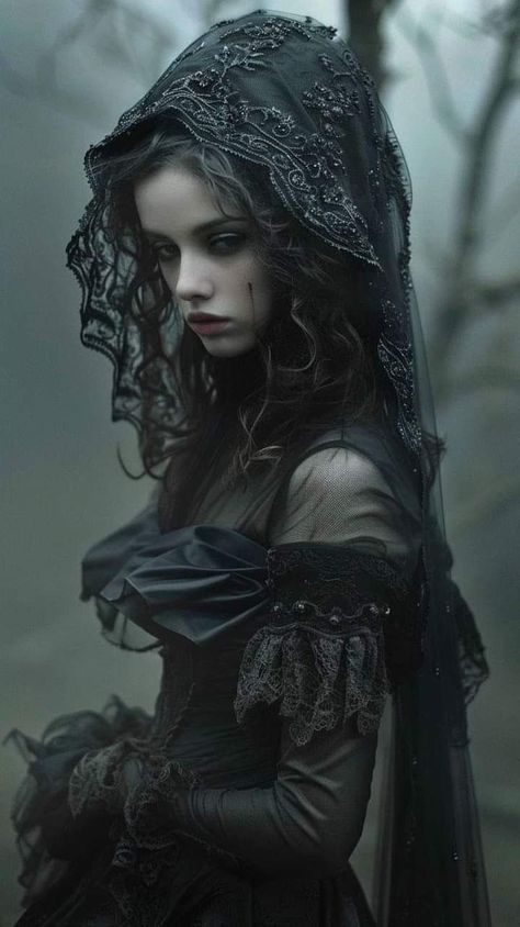 Lady In Black Costume, Goth Bride Aesthetic, Ancient Vampire, Victorian Witch, Gothic Photography, Gothic Angel, Gothic Fantasy Art, Regular People, Goth Women