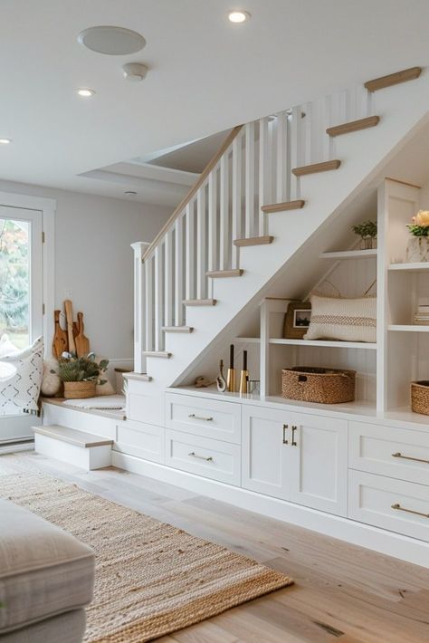 29 Staircase Storage Under Stairs Ideas for Clever Home Organization 20 Stairs With Built In Storage, Stairs In The Kitchen Ideas, Built In Cupboards Under Stairs, Under Cabinet Shelving, Built In Shelves Under Stairs, Built In Under Stairs, Cabinet Under The Stairs, Under Stairs Shelving, Under Stair Closet