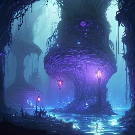 fantasy, concept art, dimly lit underdark, undergrou... Curse Fantasy Art, The Underdark Dnd, Dnd Setting Art, Drow City Concept Art, Fantasy Setting Concept Art, Fantasy Dungeon Concept Art, Under Dark Dnd, Low Fantasy Art, Underground City Fantasy Art