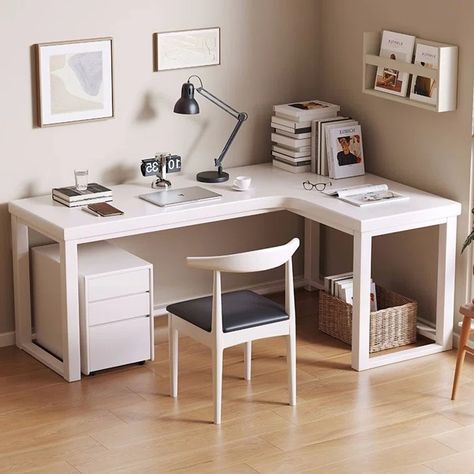 Latitude Run® Karha 3 Piece Solid Wood L-Shaped Desk And Chair Set Office Set with Chair | Wayfair L Shape Study Table Design Bedroom, Butcher Block Desk, Trendy Desks, Wood Office Chair, Bedside Desk, Pretty Desks, Beauty Room Vanity, L Desk, White Desk Office