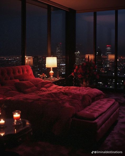 Penthouse Bedroom, 1980s Interior, 80s Interior Design, 80s Interior, Black Rooms, Diy House Renovations, Bedroom Decor Inspiration, Bedroom Red, Romantic Bedroom