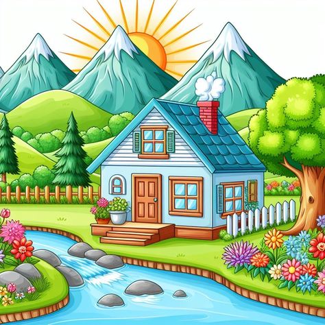 Draw House Easy, Ideal Environment Drawing, Beautiful Nature Drawings Easy, Scenery For Kids Drawing, Pencil Art Drawings Colour, Nature Pictures Drawing Easy, Easy House Drawing For Kids, Beautiful Scenery Drawings Easy, Natural Scenery Drawing For Kids