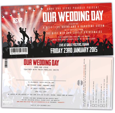 Concert Themed Wedding, Music Themed Wedding Invitations, Festival Wedding Invitations, Music Wedding Invitations, Ticket Party Invitations, Sheet Music Wedding, Safe The Date, Concert Wedding, Wedding Invitation Text