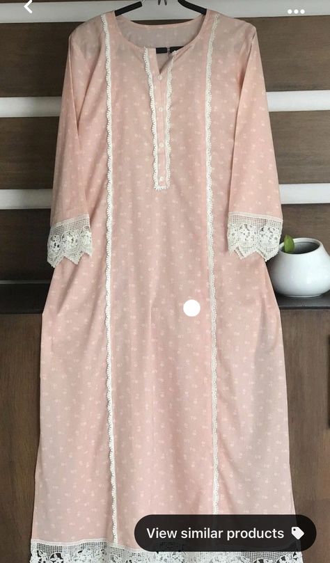 Lace Pattern Kurti Design, Cotton Pakistani Dress Pattern, Kamiz Design With Lace, Pakistani Cotton Suits Design, Kurti Lace Design, Cotton Lace Design On Suits, Plain Suit Design, Printed Suit Design, Lace Neck Design