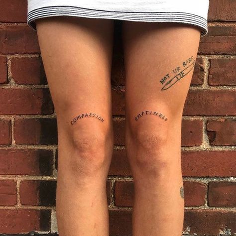 Over Knee Word Tattoo, Quote Knee Tattoo, Knee Tattoo Script, Word Above Knee Tattoo, Knee Tattoos Words, Word Tattoos Above Knee, Knee Word Tattoo, Knee Tattoos Women Words, Front Shin Tattoo For Women