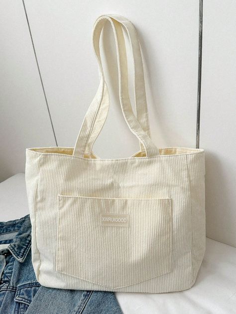 Beige Preppy Collar  Polyester Striped Shoulder Tote Bag Embellished   Women Bags Minimalist Tote Bag, Minimalist Tote, Tote Bags For School, School Tote, Teacher Bags, Casual Tote Bag, Stylish Tote Bag, Bags For Teens, Perfect Handbag