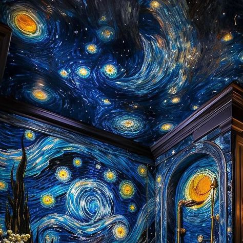 Artistuniversity 🔴 on Instagram: "Which Van Gogh themed 1-10? 🌠 By @lulumoonowlbooks" Starry Night Bedroom, Beginners Art, Beginners Painting, Starry Night Art, Starry Night Painting, Ceiling Murals, Art Deco Abstract, Arte Van Gogh, Easy Canvas