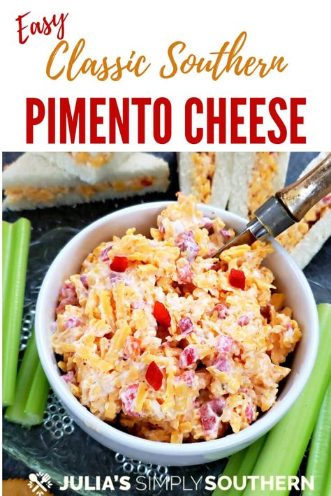 Best Southern Pimento Cheese Recipe on Pinterest: This classic Southern spread is delicious for sandwiches, appetizers and more. It's the perfect ingredient for your grilled cheese sandwiches. This easy recipe makes the most delicious homemade pimento cheese with just a hint of spice that everyone will love. #PimentoCheese #easyrecipe #sandwichspread #appetizers #SouthernFood Southern Pimento Cheese Recipe, Pimento Peppers, Southern Pimento Cheese, Sandwiches Appetizers, Pimento Cheese Recipe, Pimento Cheese Sandwiches, Homemade Pimento Cheese, Pimento Cheese Spread, Pimento Cheese Recipes