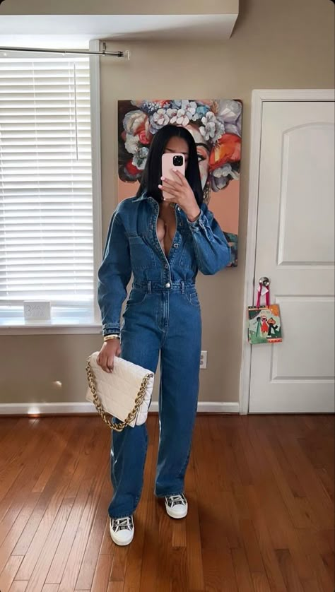 Long Fitted Skirt Outfits, Denim Jumpsuit Outfit Black Women, Jean Jumpsuit Outfit, Demin Outfit, Howard Homecoming, Jumpsuit Outfit Black, Denim Jumpsuit Outfit, Black Denim Jumpsuit, Homecoming Outfits