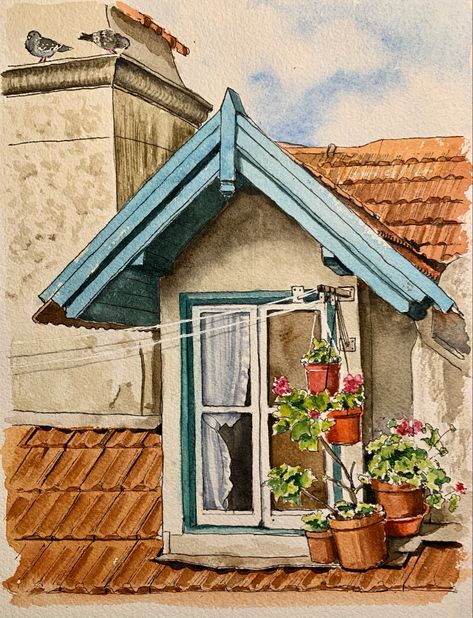 Cozy Window, Cotton Watercolor, Architecture Drawing Sketchbooks, Watercolor Art Landscape, Watercolor Architecture, Watercolor Paintings For Beginners, Corrugated Paper, Tiny Plants, Architecture Drawing Art