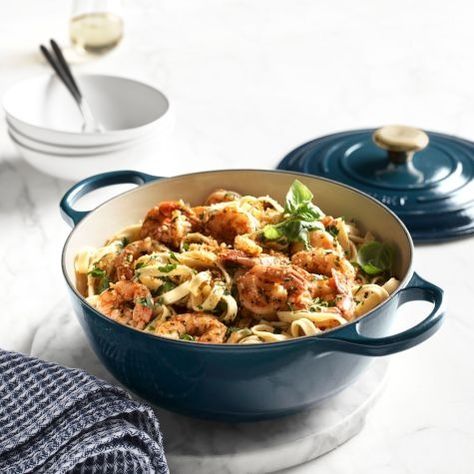 Recipe: Shrimp Scampi with Fettuccine | Williams Sonoma Fennel Pasta, French Oven, Recipe Shrimp, Japanese Bread, Health Cooking, Seafood Pasta Recipes, Le Creuset Cookware, Kitchen Photography, Enameled Cast Iron Cookware