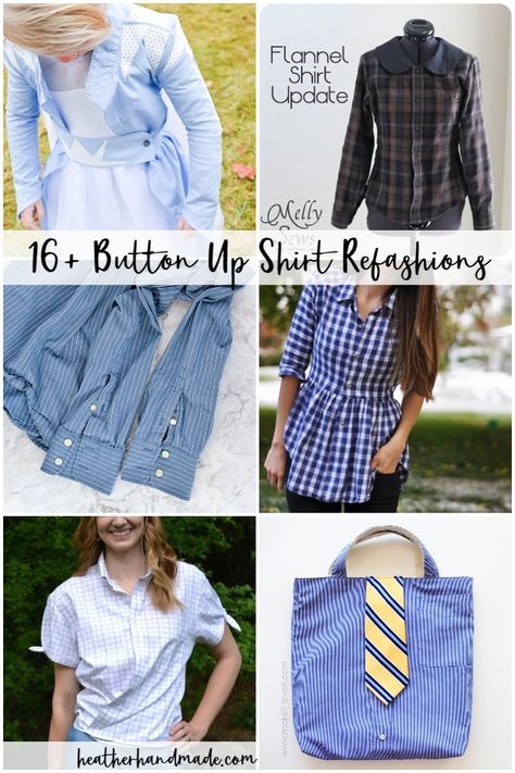 With all the extra button up shirts that can be found at thrift stores, sew them into something else with one of these button up shirt refashion tutorials! I love refashioning men’s button up shirts. It’s definitely at the top of my list of favorite items to refashion. There’s plenty of fabric, and the woven fabric is always easy to work with. I love reusing the button placket in a unique way! Remake Men's Shirt Ideas, Refashion Mens Button Down Shirt, Upcycle Mens Dress Shirt, Dress Shirt Refashion, Shirt Dress Tutorials, Refashioned Clothing, Shirt Makeover, Mens Shirt Refashion, Upcycling Clothes