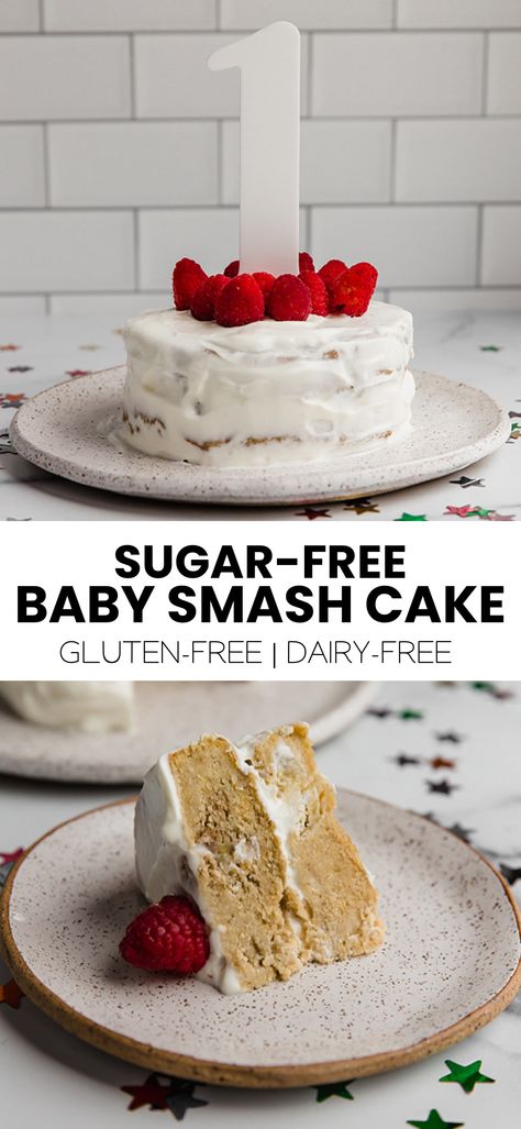 This sugar-free baby smash cake is made with almond flour, oat flour, apple sauce, banana, and eggs! It's topped with a dairy-free yogurt frosting, perfect for dairy-sensitive little ones! Dairy Free Smash Cake, Sugar Free Smash Cake, Smash Cake Recipe, Baby Smash Cake, Yogurt Frosting, Healthy Smash Cake, Sugar Free Frosting, Smash Cake Recipes, Unbound Wellness